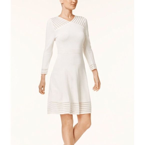 Calvin Klein Illusion-Stripe Fit & Flare White Sweater Dress Size Small - Picture 1 of 7